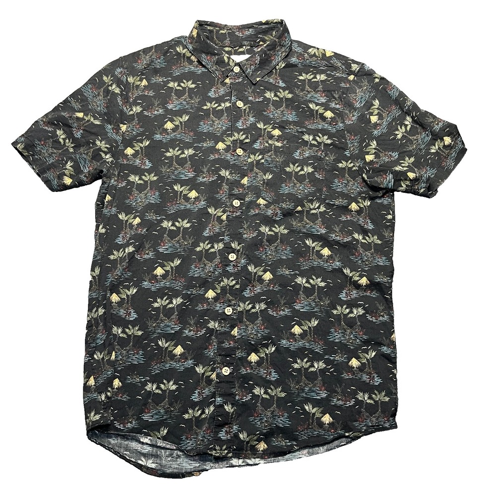 Marine Layer Shirt Men's Medium Black Camp Short Sleeve Tropical AOP Hawaiian